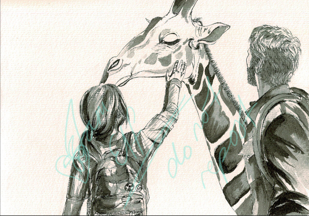 Joel and Ellie with the giraffe in The Last of Us Part I. Sketched and painted as part of my series for Inktober 2024.