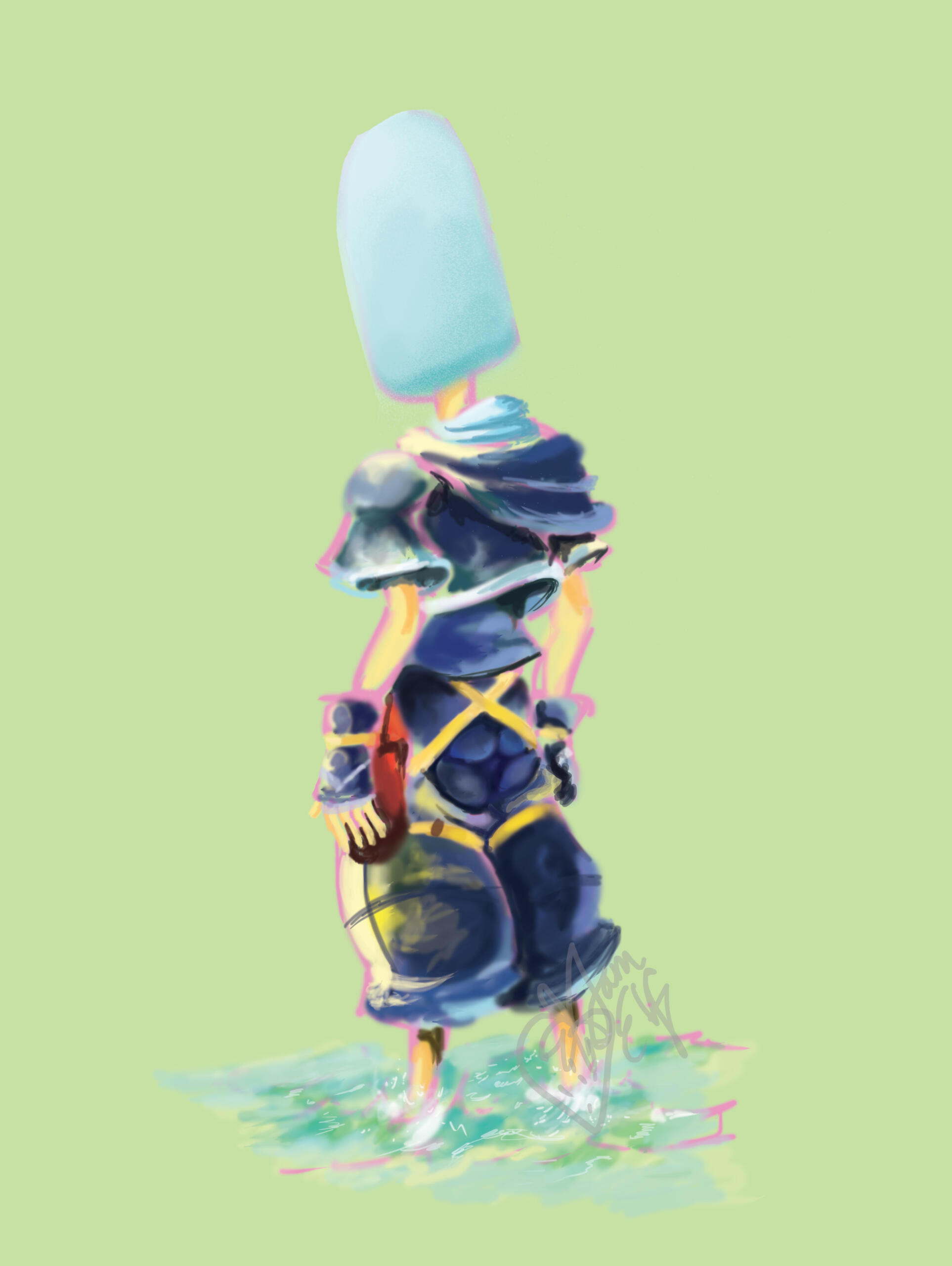 Sora from Kingdom Hearts II painted in Adobe Photoshop with a sea salt ice block as his head.